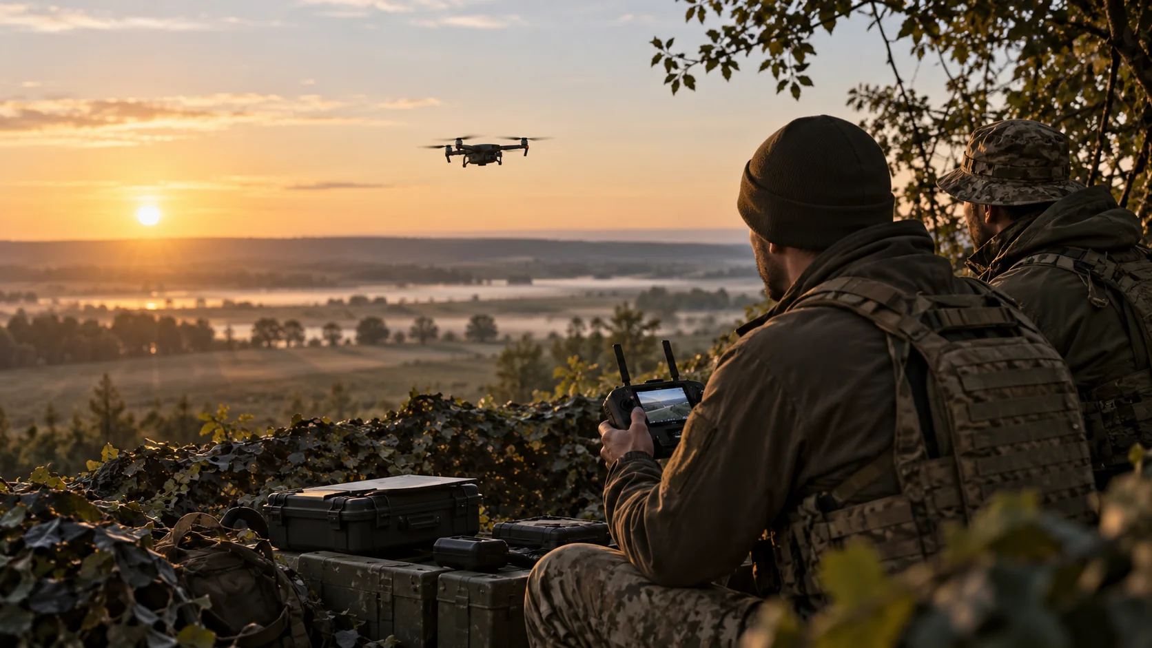 Drone operators working together at dawn