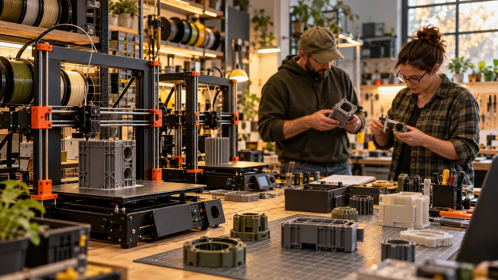 Volunteer technicians working with 3D printers