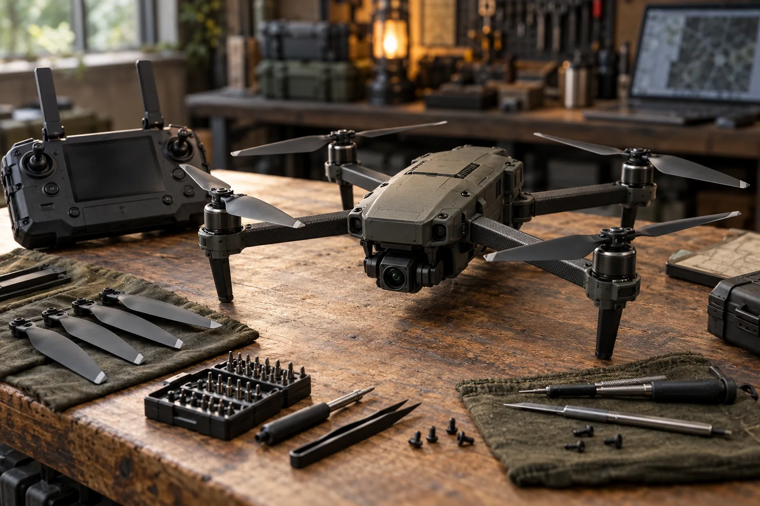 Reconnaissance drone on a technical workbench