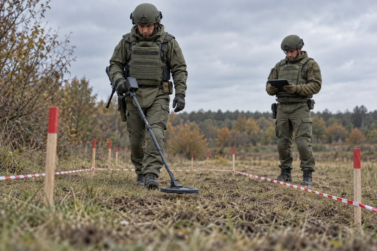 Sapper team carefully surveying a marked training area